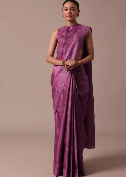Dark Pink Embroidered Tussar Saree With Unstitched Blouse