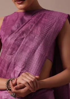 Dark Pink Embroidered Tussar Saree With Unstitched Blouse