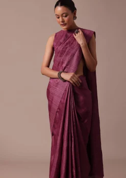 Dark Pink Embroidered Tussar Saree With Unstitched Blouse