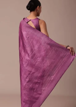 Dark Pink Embroidered Tussar Saree With Unstitched Blouse