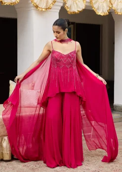 Dark Pink Georgette Sharara Set With Embroidered Kurta And Choker Dupatta