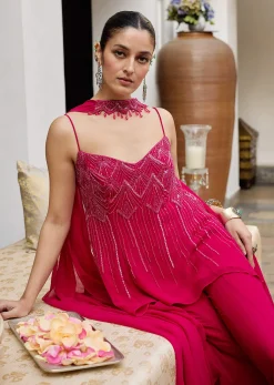 Dark Pink Georgette Sharara Set With Embroidered Kurta And Choker Dupatta