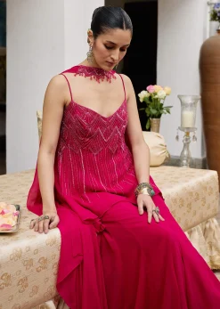 Dark Pink Georgette Sharara Set With Embroidered Kurta And Choker Dupatta