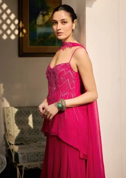 Dark Pink Georgette Sharara Set With Embroidered Kurta And Choker Dupatta