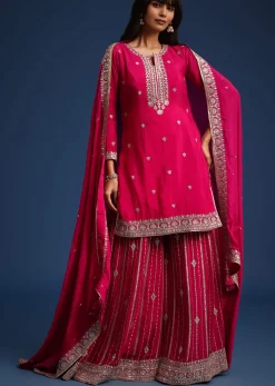 Dark Pink Sequin Embellished Kurta Palazzo Set In Chinon