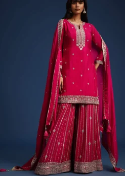 Dark Pink Sequin Embellished Kurta Palazzo Set In Chinon