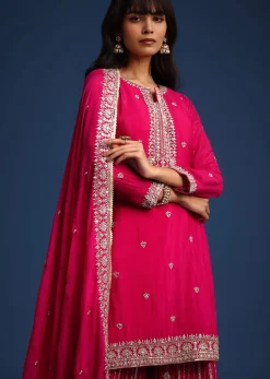 Dark Pink Sequin Embellished Kurta Palazzo Set In Chinon