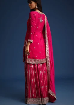 Dark Pink Sequin Embellished Kurta Palazzo Set In Chinon