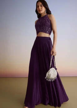 Dark Plum Purple Crepe Croptop Palazzo Suit With Cutdana Sequin Embroidery
