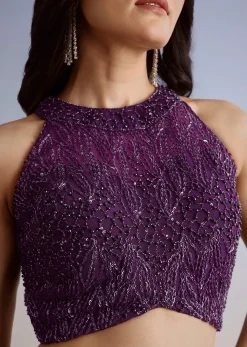Dark Plum Purple Crepe Croptop Palazzo Suit With Cutdana Sequin Embroidery