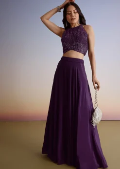 Dark Plum Purple Crepe Croptop Palazzo Suit With Cutdana Sequin Embroidery