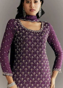 Dark Purple Chinon Sequin Work Kurta Sharara With Dupatta