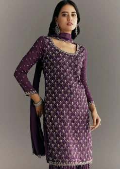 Dark Purple Chinon Sequin Work Kurta Sharara With Dupatta