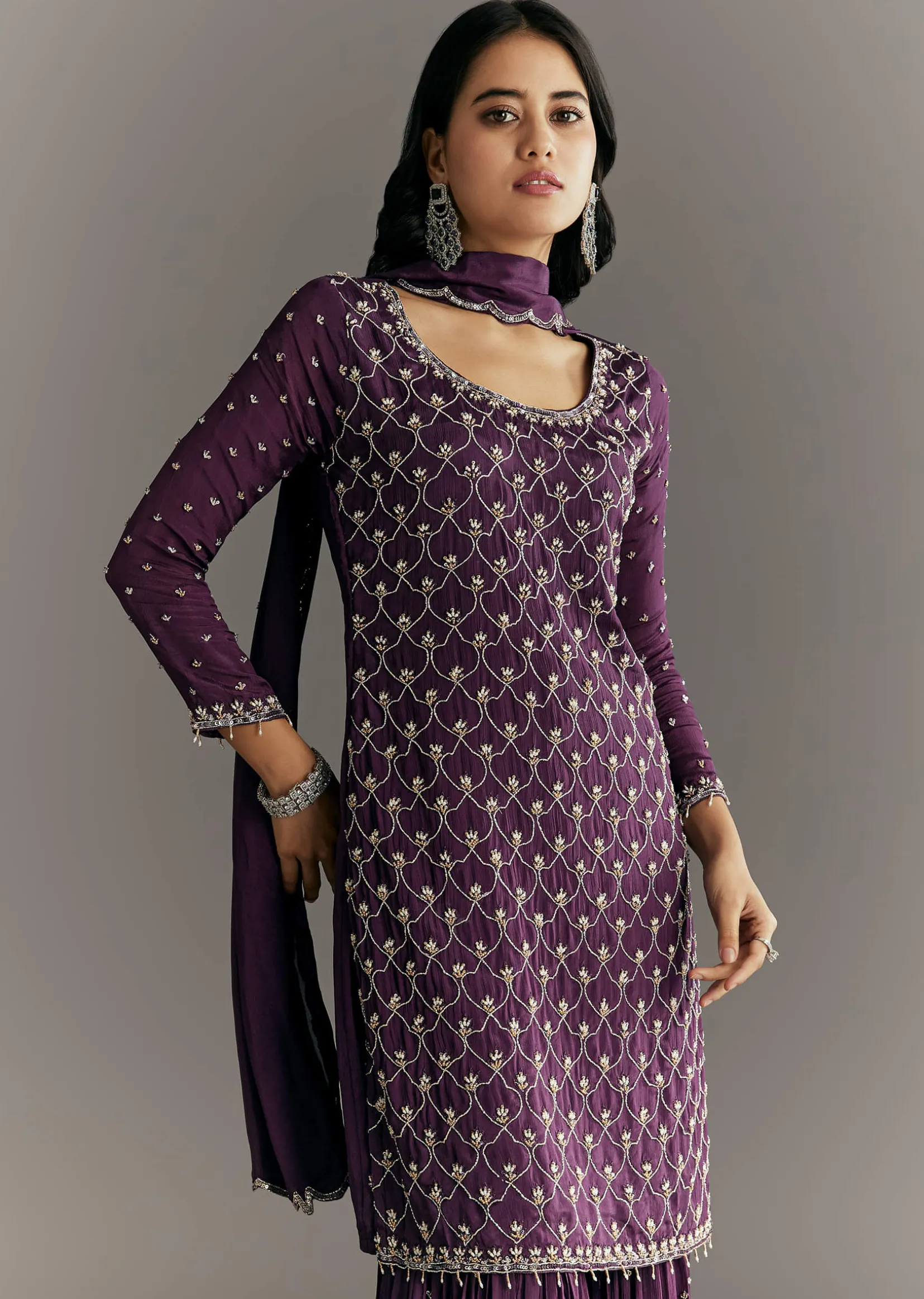 Dark Purple Chinon Sequin Work Kurta Sharara With Dupatta