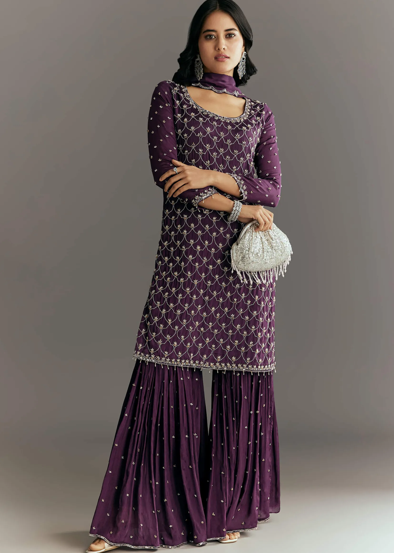 Dark Purple Chinon Sequin Work Kurta Sharara With Dupatta