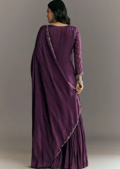 Dark Purple Chinon Sequin Work Kurta Sharara With Dupatta