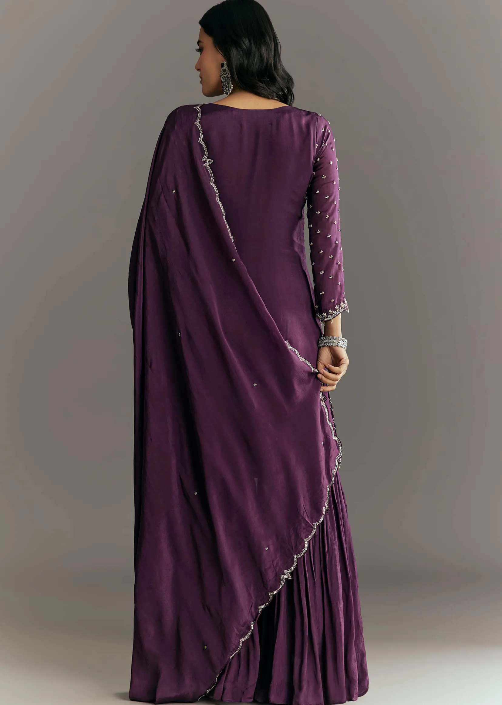 Dark Purple Chinon Sequin Work Kurta Sharara With Dupatta
