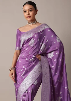 Dark Purple Dola Silk Saree With Silver Weave And Unstitched Blouse Piece