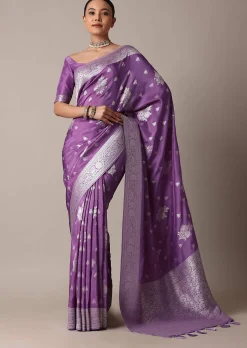 Dark Purple Dola Silk Saree With Silver Weave And Unstitched Blouse Piece
