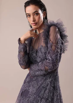 Dark Purple Embroidered Fancy Ruffle Gown