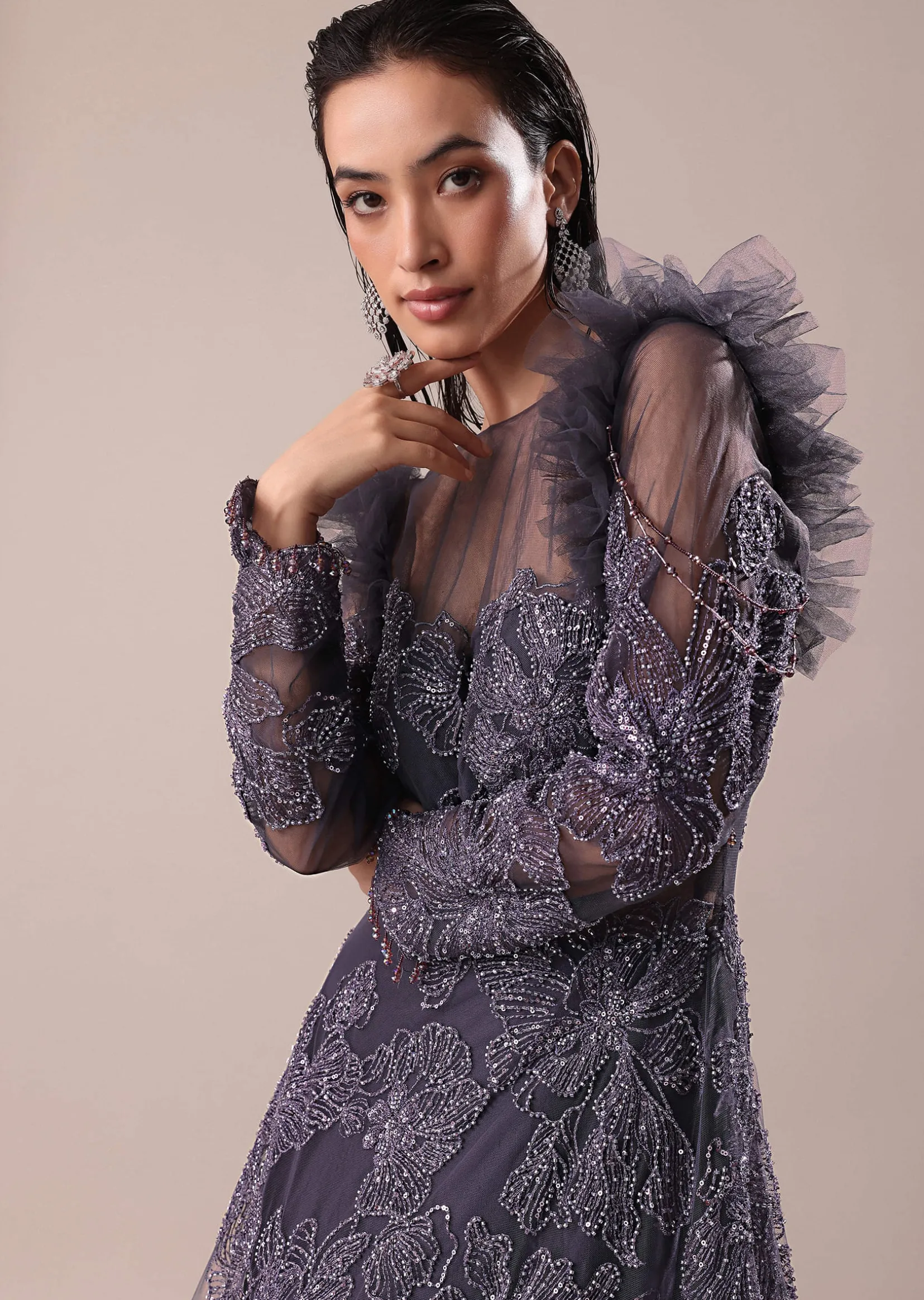 Dark Purple Embroidered Fancy Ruffle Gown