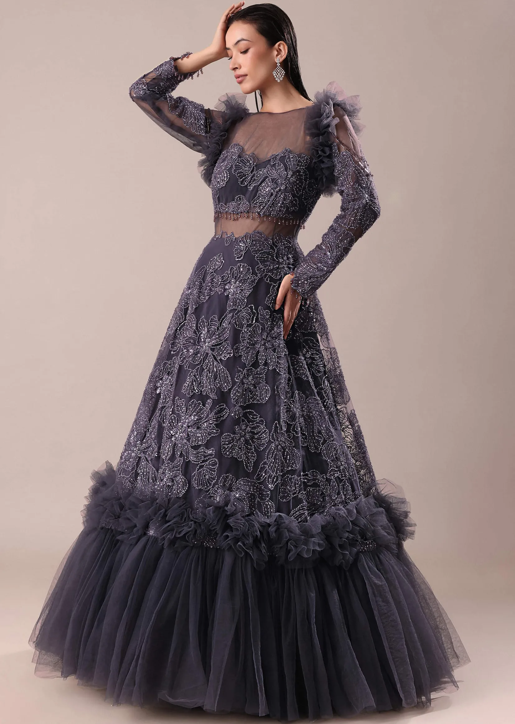 Dark Purple Embroidered Fancy Ruffle Gown