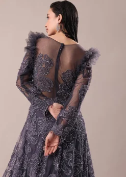 Dark Purple Embroidered Fancy Ruffle Gown