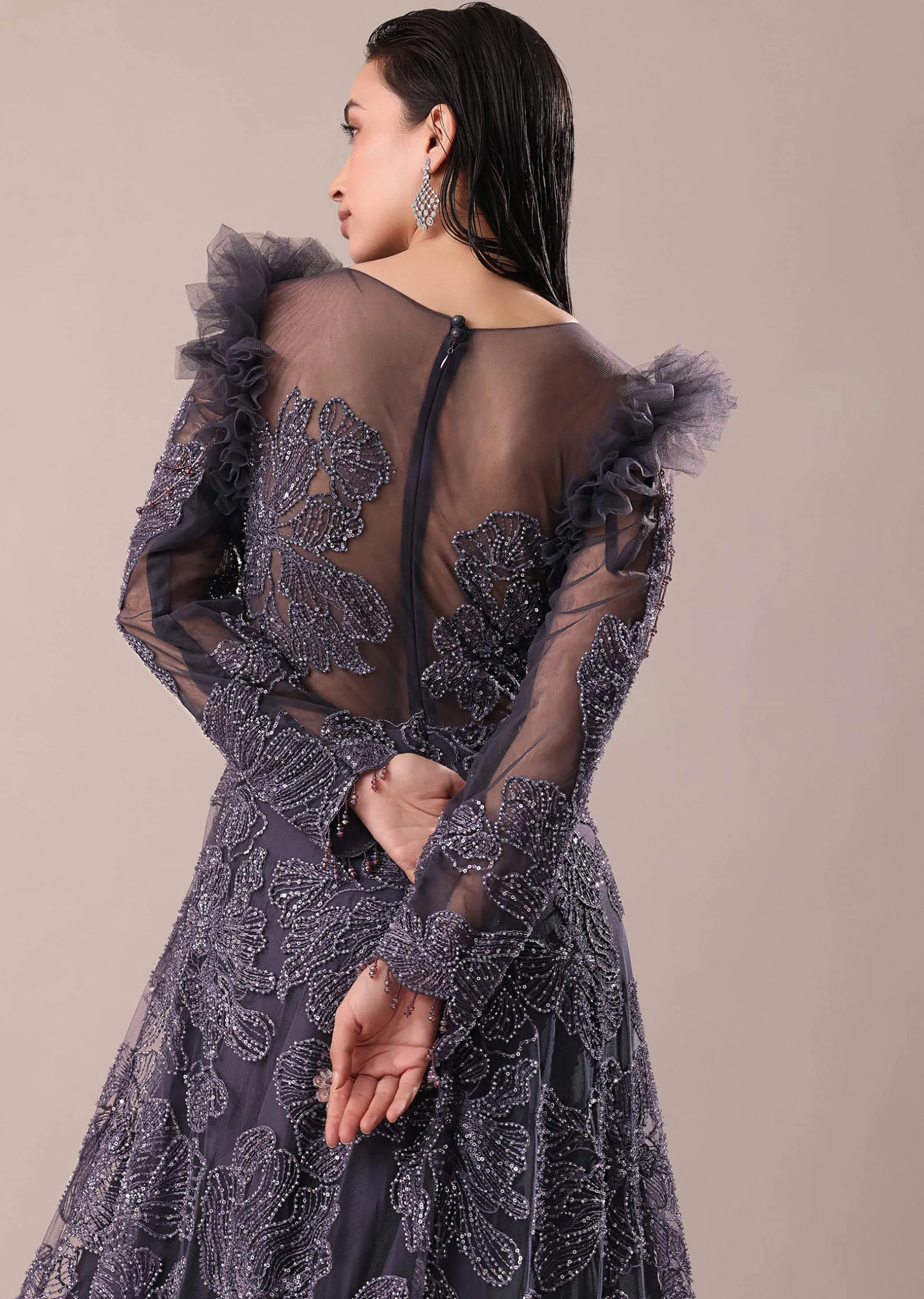 Dark Purple Embroidered Fancy Ruffle Gown