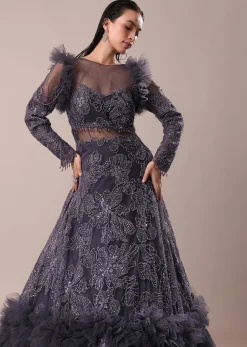 Dark Purple Embroidered Fancy Ruffle Gown