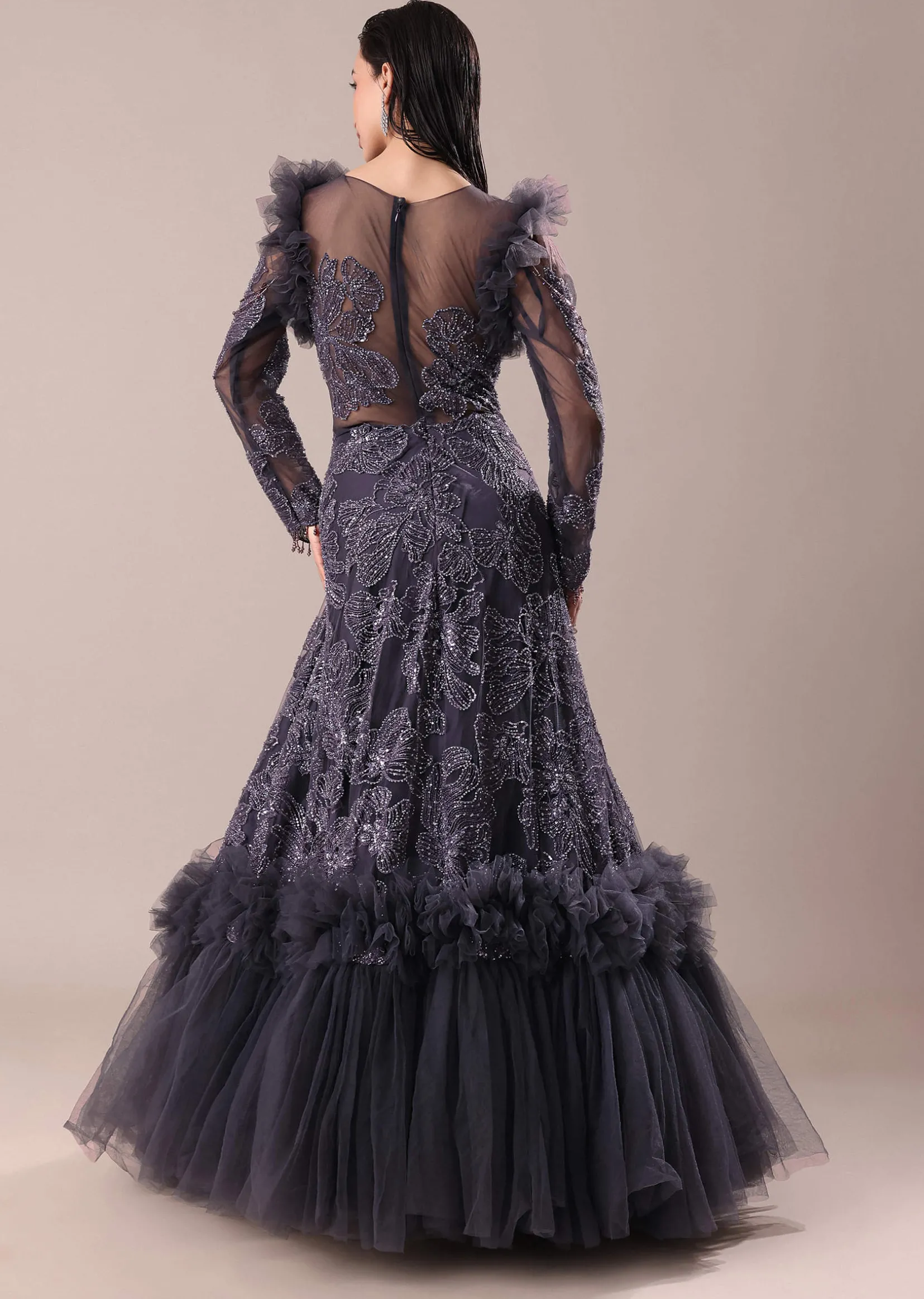 Dark Purple Embroidered Fancy Ruffle Gown