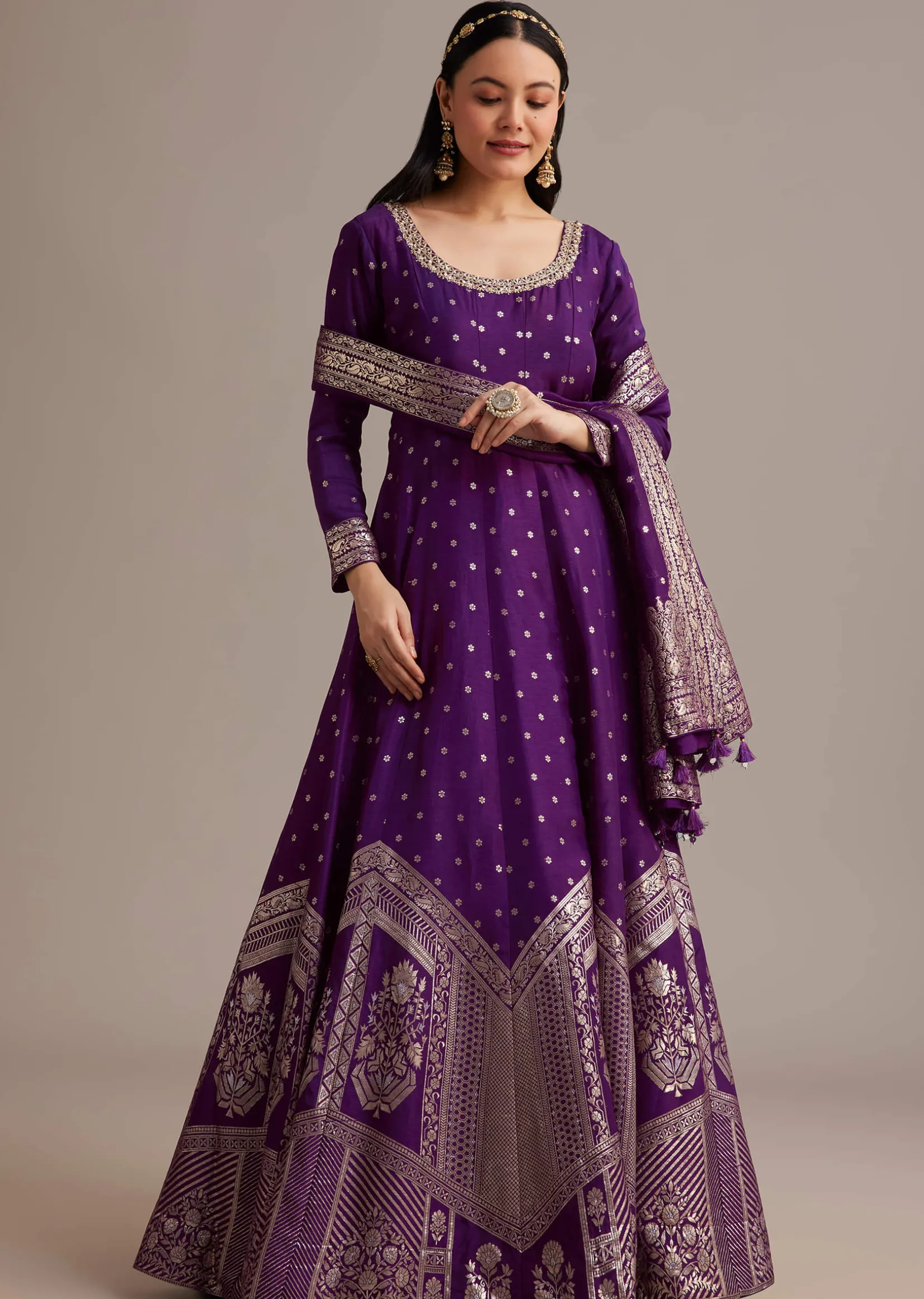Dark Purple Gold Weave Anarkali Set With Banarasi Dupatta