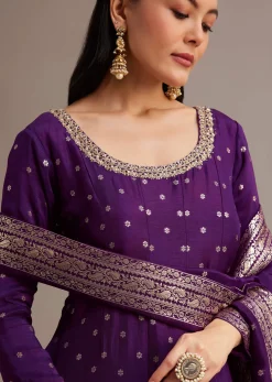 Dark Purple Gold Weave Anarkali Set With Banarasi Dupatta