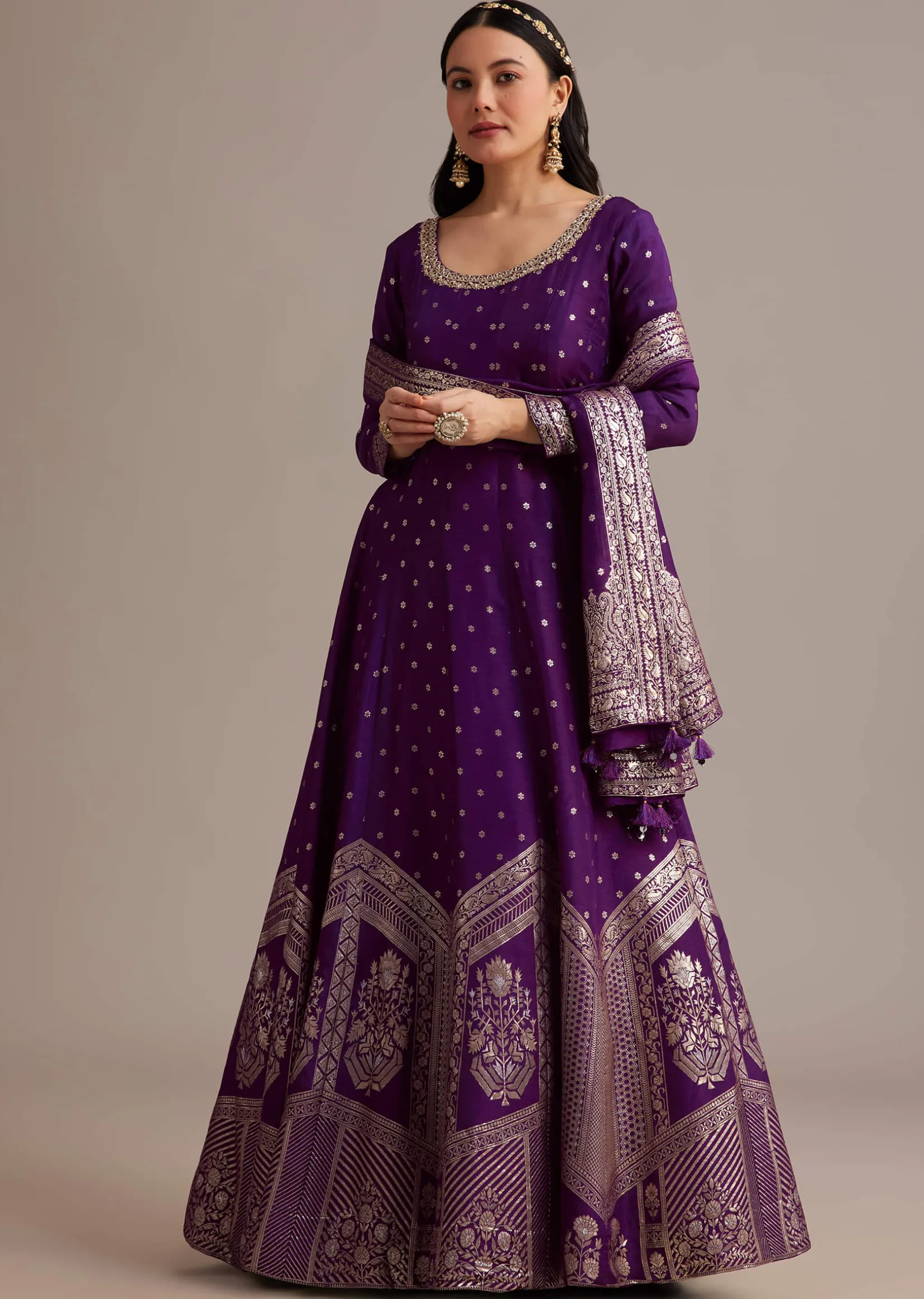 Dark Purple Gold Weave Anarkali Set With Banarasi Dupatta
