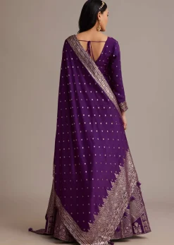 Dark Purple Gold Weave Anarkali Set With Banarasi Dupatta