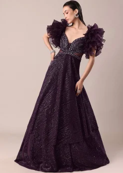 Dark Purple Hand Embroidered Ruffle Sleeve Gown