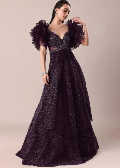 Dark Purple Hand Embroidered Ruffle Sleeve Gown
