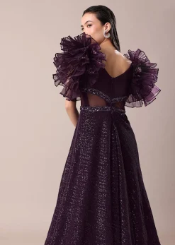 Dark Purple Hand Embroidered Ruffle Sleeve Gown