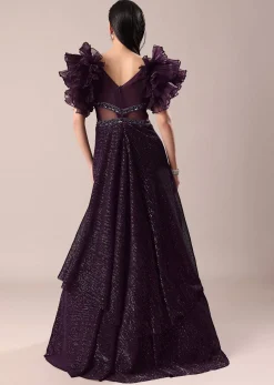 Dark Purple Hand Embroidered Ruffle Sleeve Gown