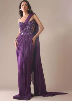 Dark Purple Heavy Embroidered Saree In Crushed Shimmer