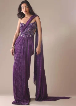 Dark Purple Heavy Embroidered Saree In Crushed Shimmer