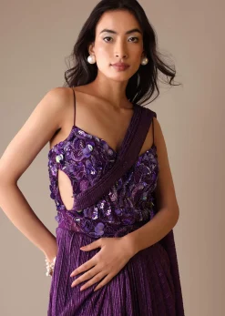 Dark Purple Heavy Embroidered Saree In Crushed Shimmer