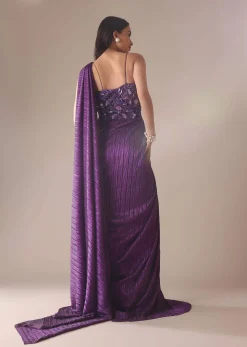 Dark Purple Heavy Embroidered Saree In Crushed Shimmer
