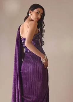 Dark Purple Heavy Embroidered Saree In Crushed Shimmer