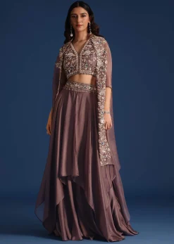 Dark Purple Jacket With Sequin Crop Top And Skirt