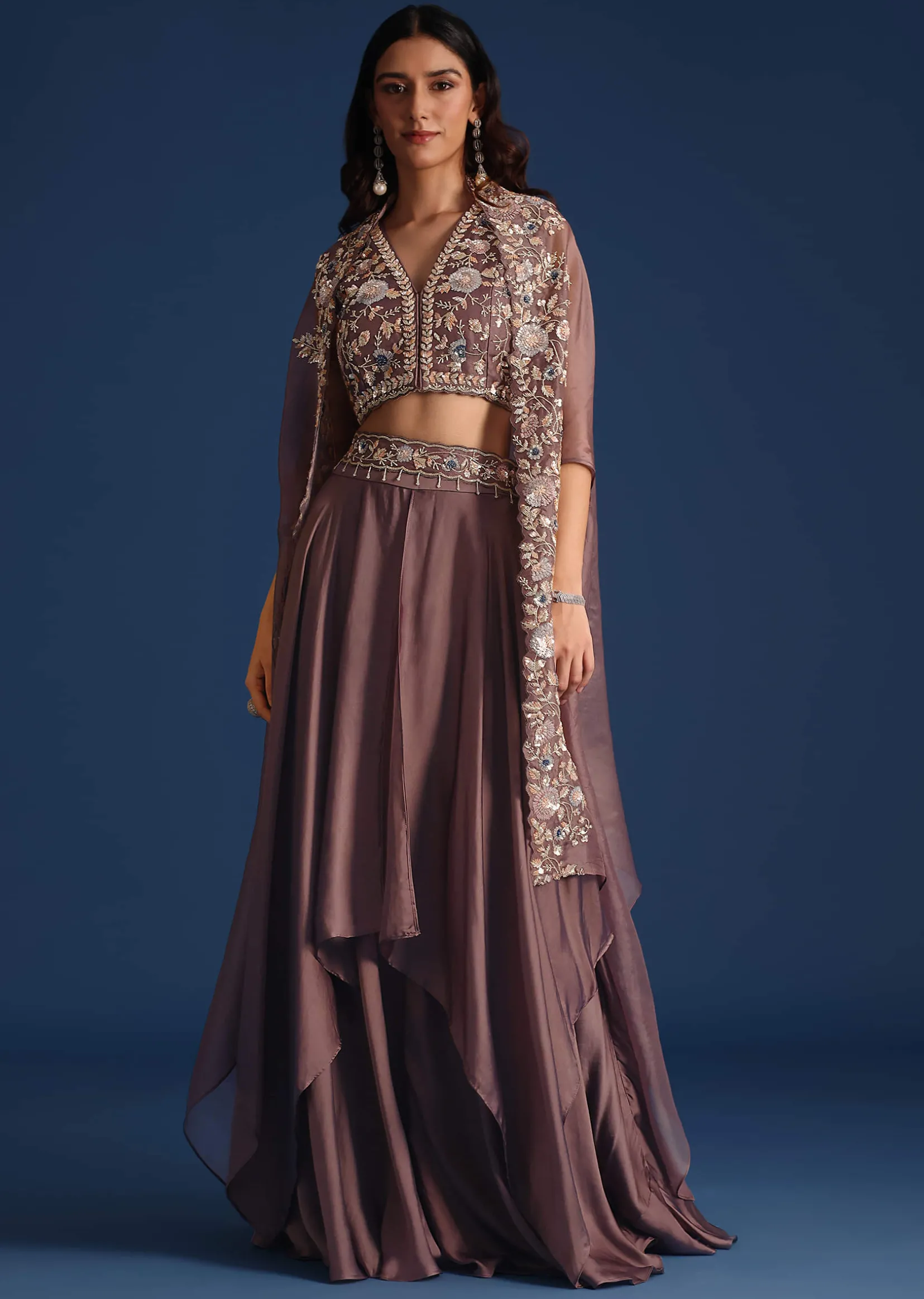Dark Purple Jacket With Sequin Crop Top And Skirt