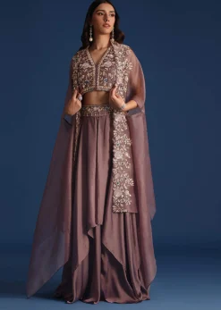 Dark Purple Jacket With Sequin Crop Top And Skirt