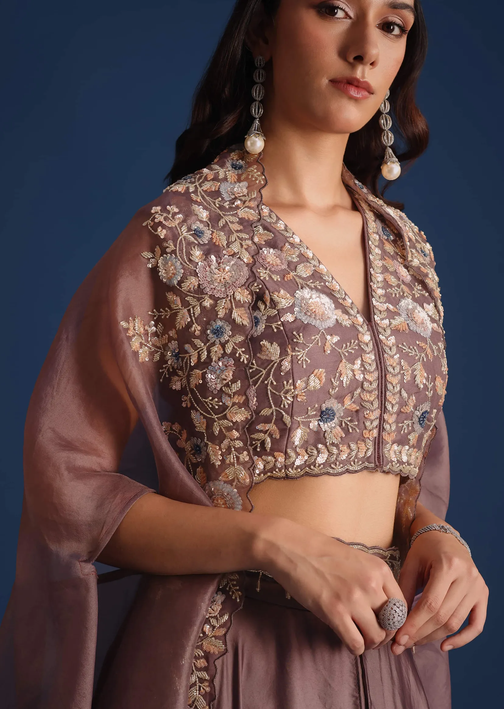 Dark Purple Jacket With Sequin Crop Top And Skirt