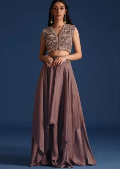 Dark Purple Jacket With Sequin Crop Top And Skirt