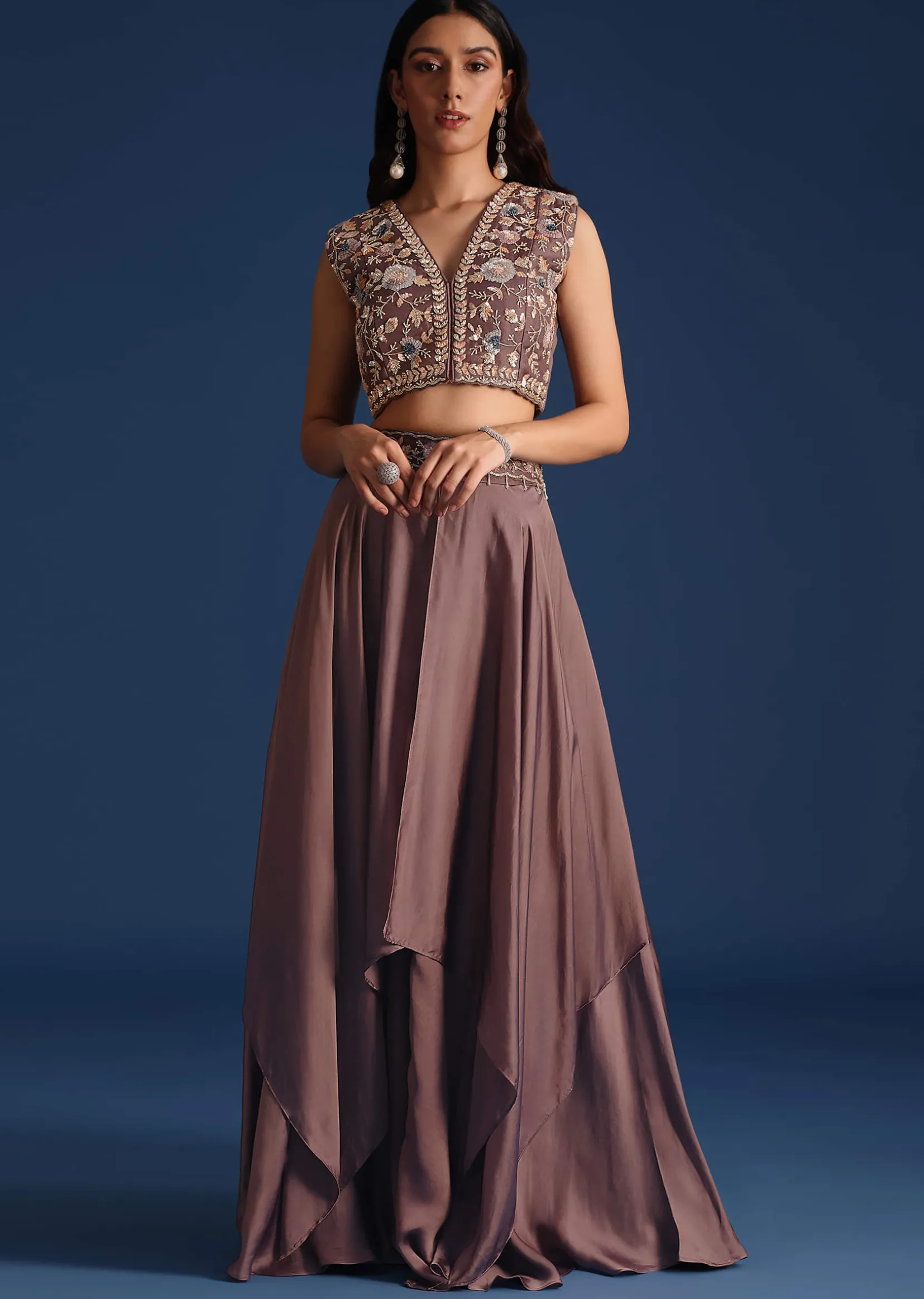 Dark Purple Jacket With Sequin Crop Top And Skirt