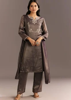 Dark Purple Organza Tissue Embroidered Kurta Pant With Embroidered Dupatta